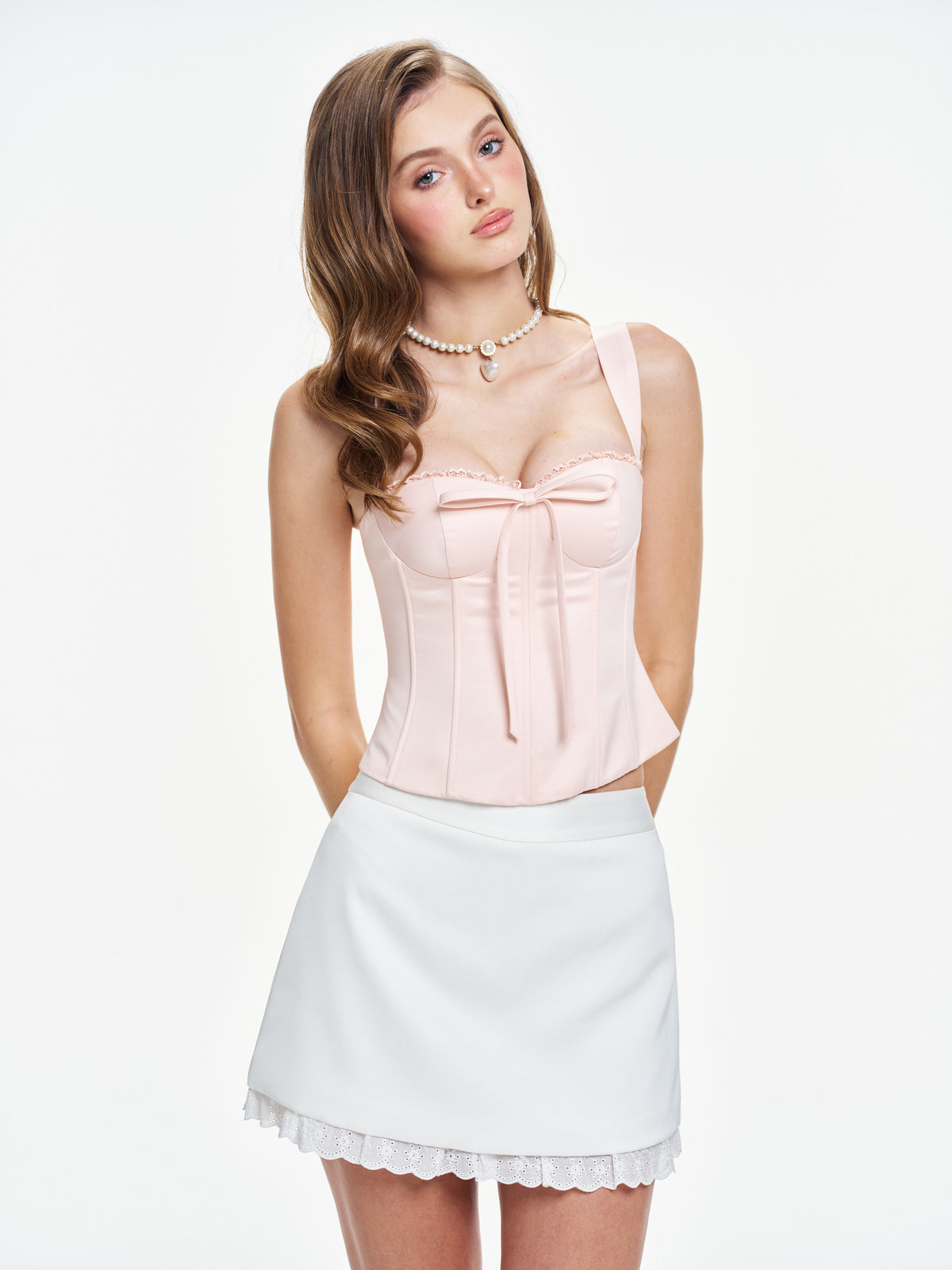 ROSALIE Bow Corset & Lace-Trim Mini Skirt Set – Blush Pink & White