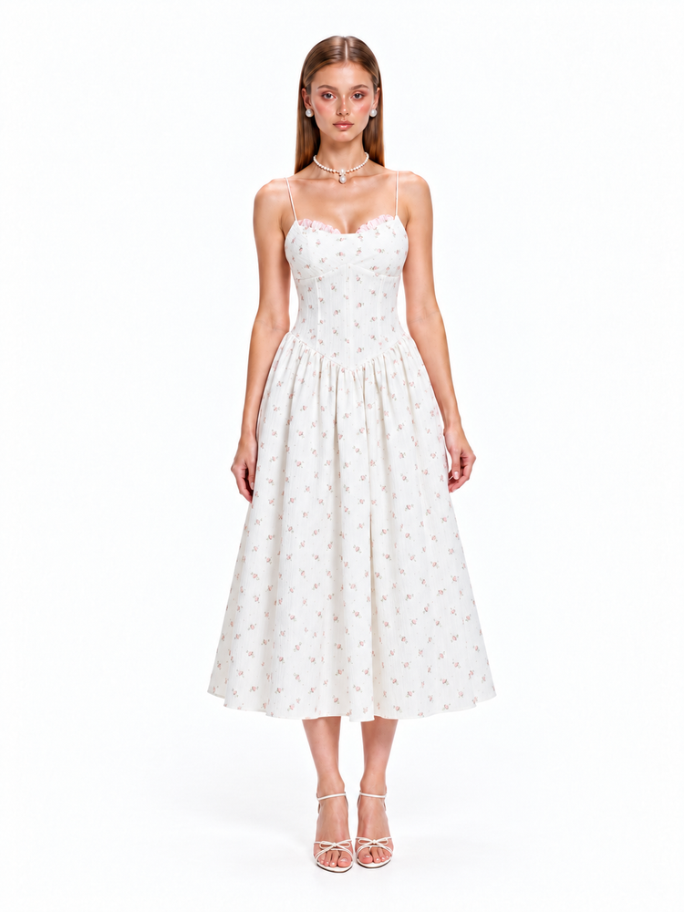 FLORENCE Floral Corset Midi Dress – Ivory Rose