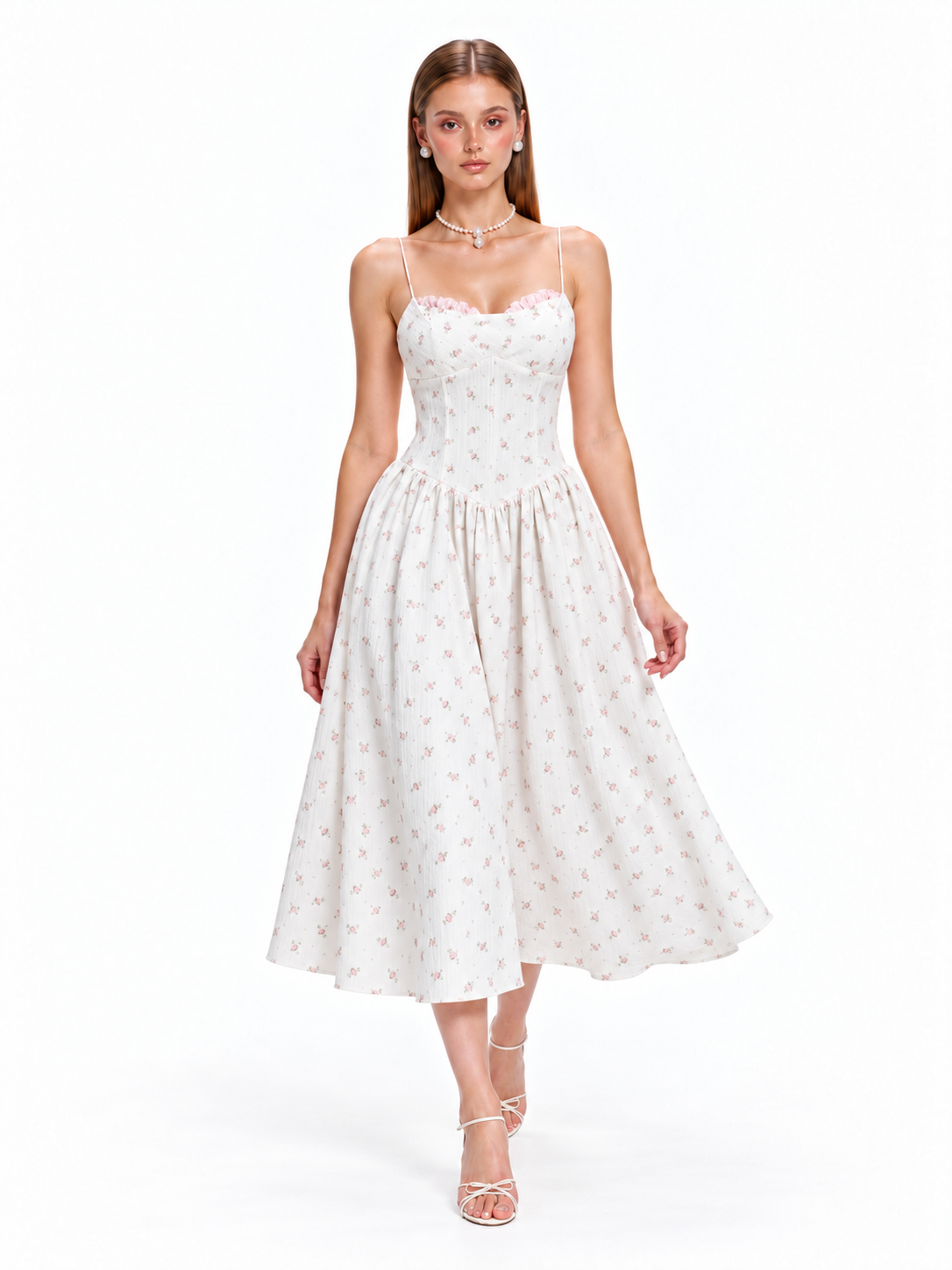 FLORENCE Floral Corset Midi Dress – Ivory Rose