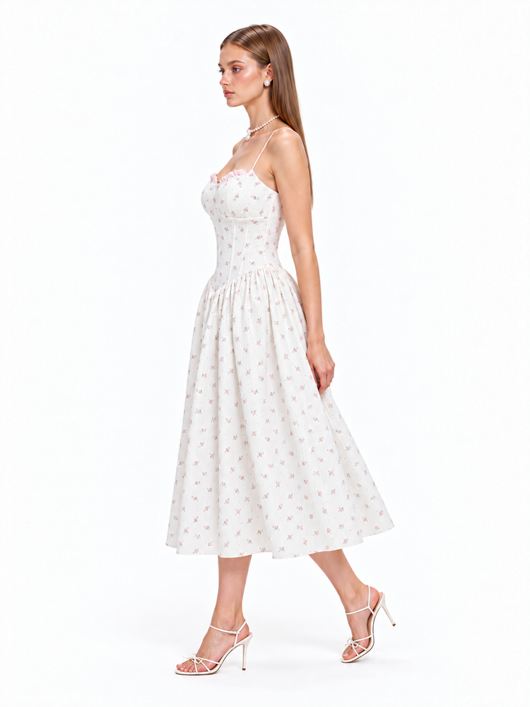 FLORENCE Floral Corset Midi Dress – Ivory Rose