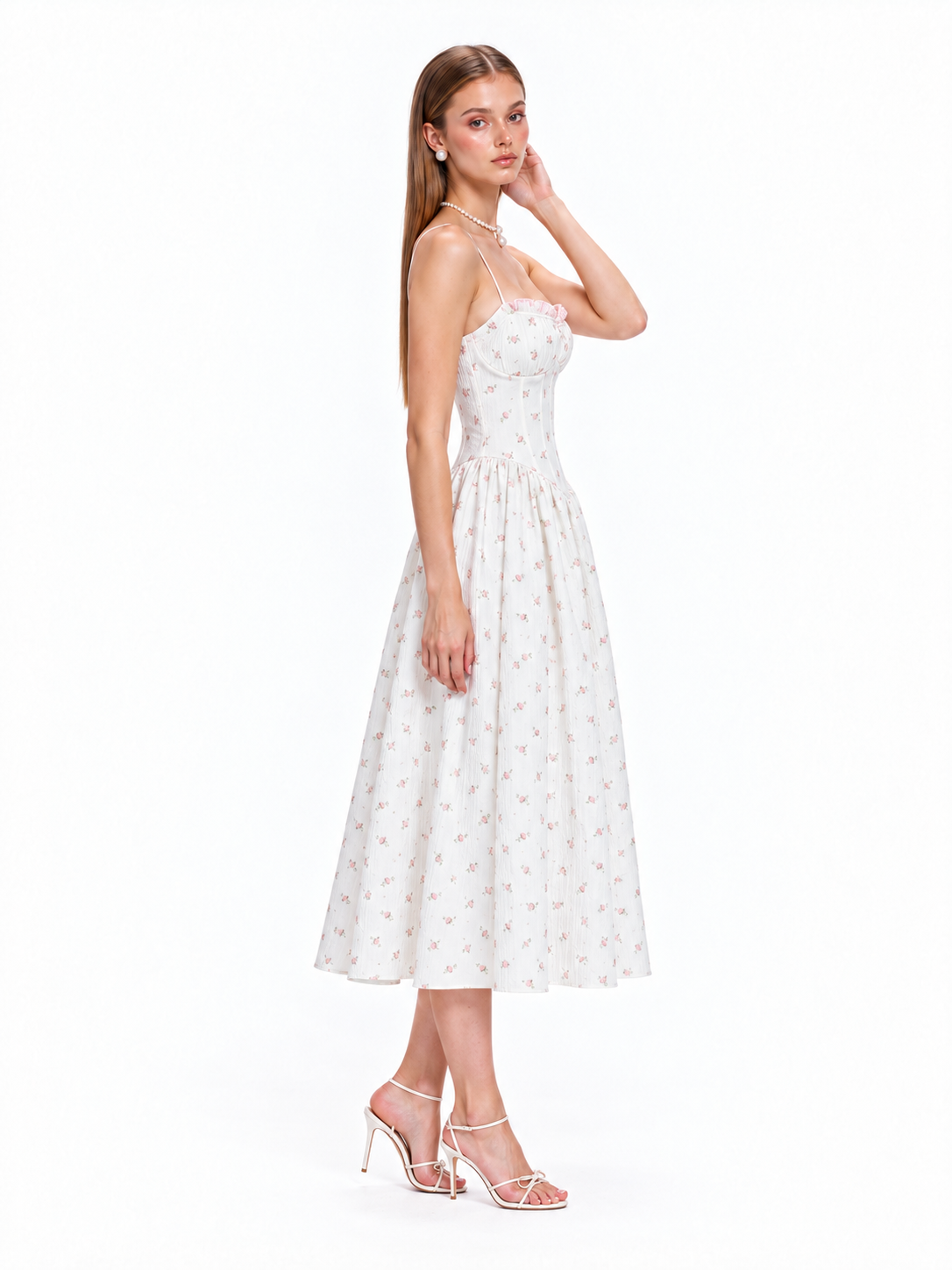 FLORENCE Floral Corset Midi Dress – Ivory Rose