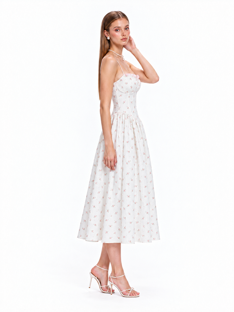 FLORENCE Floral Corset Midi Dress – Ivory Rose