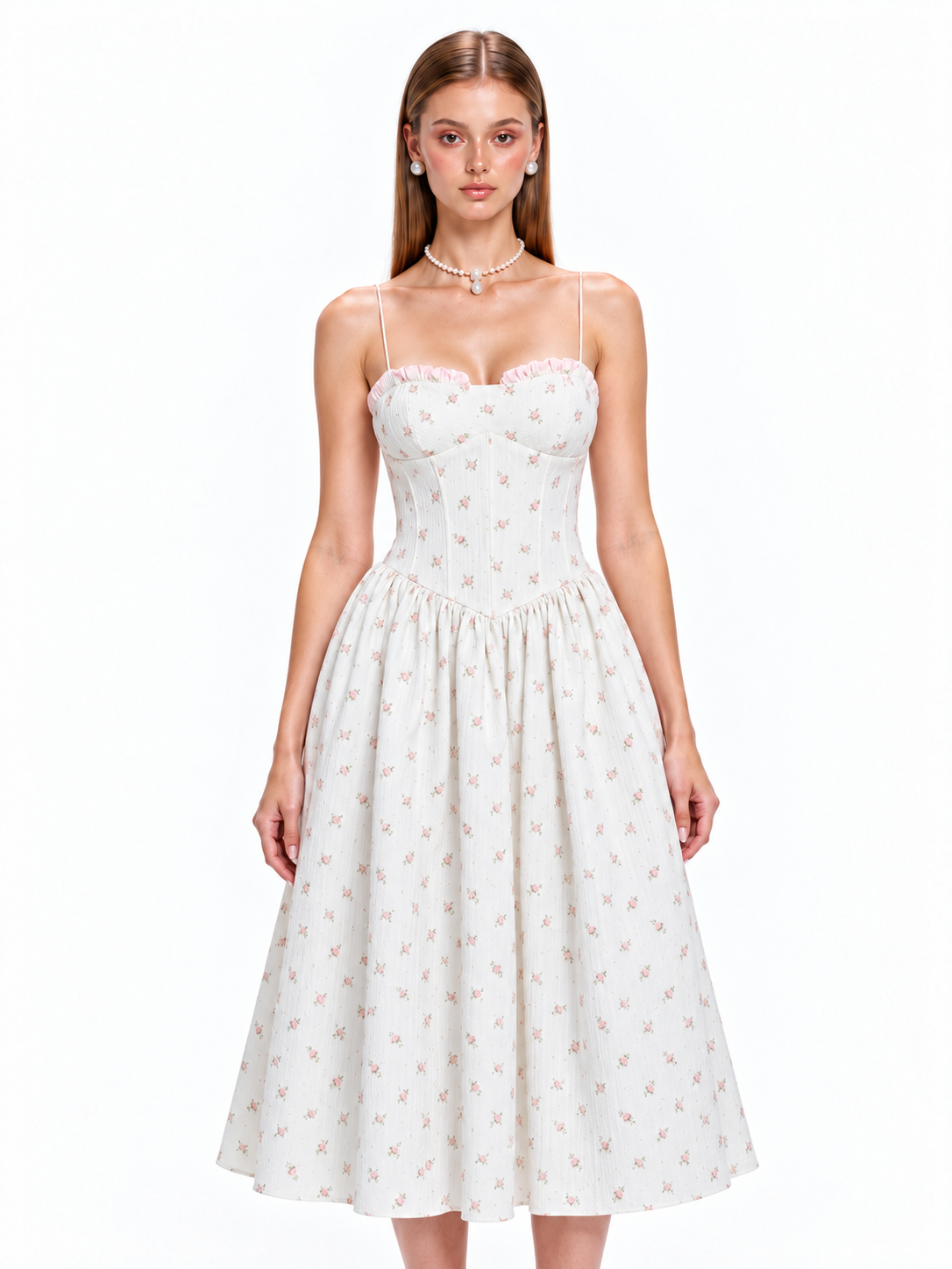 FLORENCE Floral Corset Midi Dress – Ivory Rose