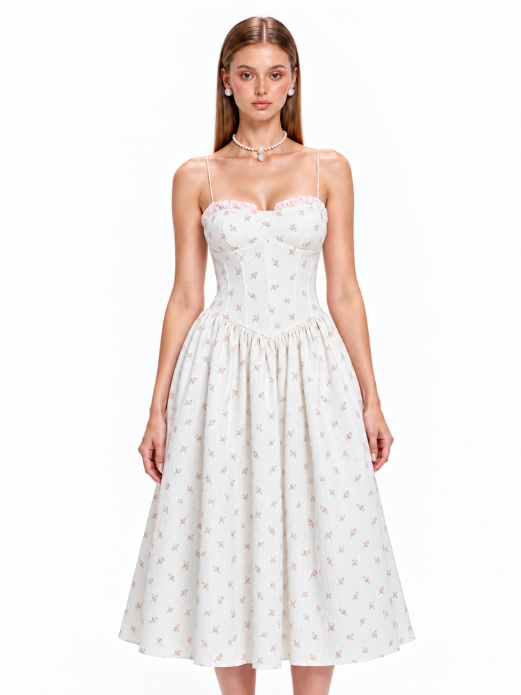 FLORENCE Floral Corset Midi Dress – Ivory Rose