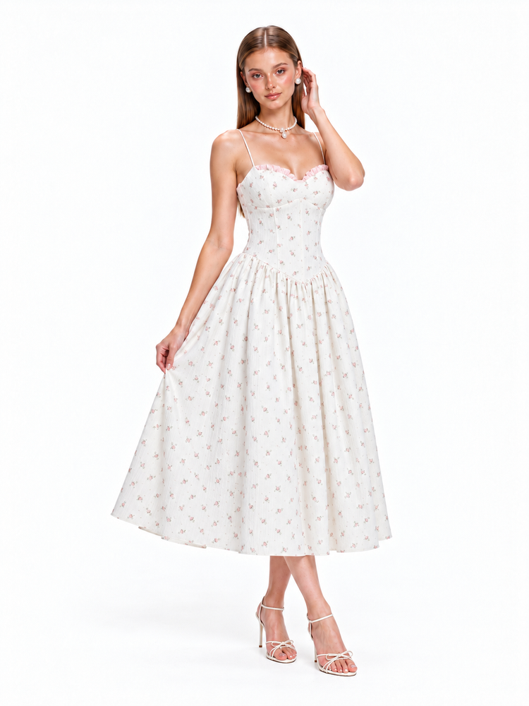 FLORENCE Floral Corset Midi Dress – Ivory Rose